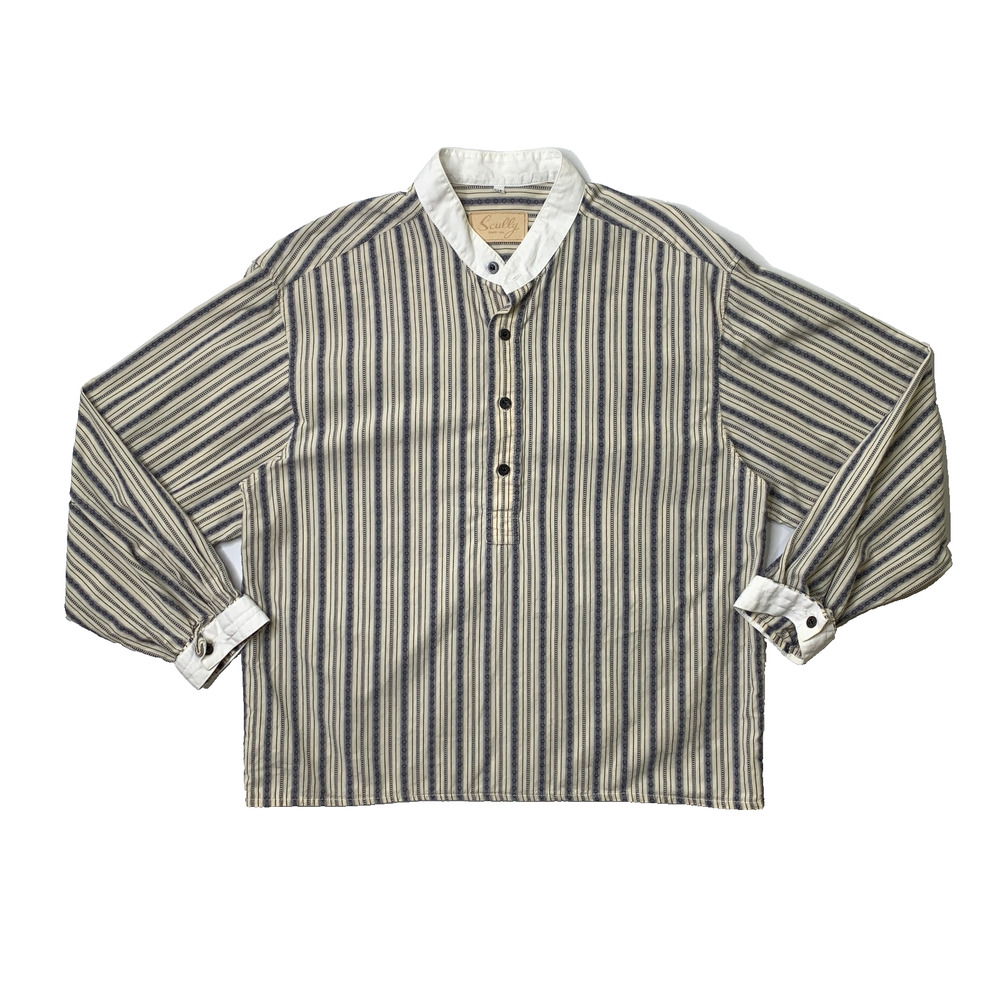 Vintage Scully Shirt Mens M Medium Ivory Striped Banded Collar Western Rangewear